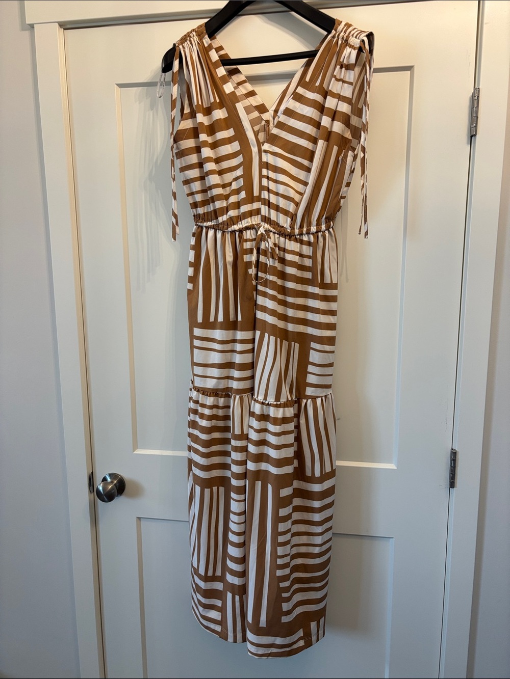 Calvin Klein Brown and White Striped V‑Neck Maxi Dress